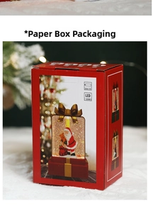Christmas gift box packaging detail for LED lamp showing specs and festive design