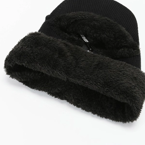 Winter thermal knit beanie with thick fleece lining for windproof protection in black