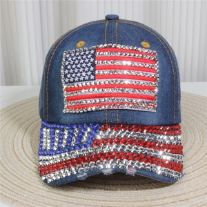 Denim baseball cap featuring a USA flag rhinestone pattern on dark blue fabric