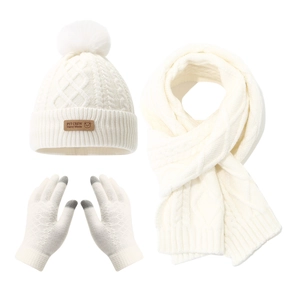 3-piece white knit set with pom-pom beanie, scarf, and touch screen gloves for kids