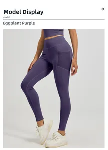 Detail of high waist yoga leggings in eggplant purple with breathable mesh side pockets