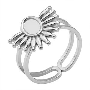 Detailed view of silver sunflower shaped open ring in 304 stainless steel material