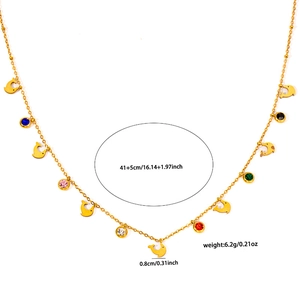 Detailed view showing dimensions of a gold chain with dolphins and colorful zircon charms