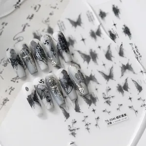 Ink butterfly nail art stickers with silver 3D relief and calligraphy patterns