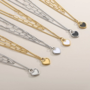 Double-layer titanium steel heart necklaces in gold and silver with enamel charms