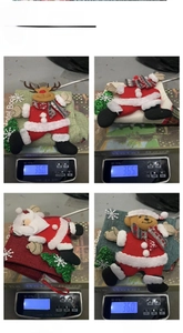 Weight measurement chart for burlap Christmas stockings featuring reindeer and santa plush