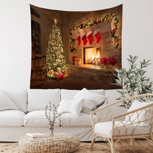 Detail view of Bohemian Christmas wall tapestry with fireplace and decorated tree