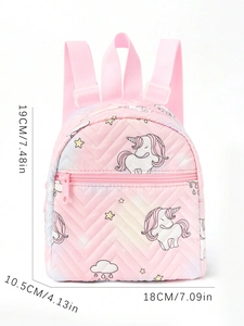 Detailed size chart for pink quilted unicorn mini backpack showing 19cm height and 18cm width