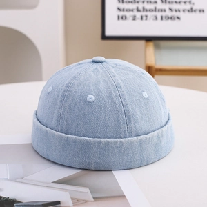 Blue cotton docker hat for men and women with retro six-panel design and rolled brim
