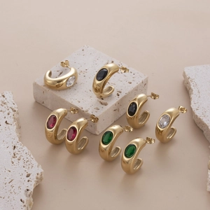 Minimalist Titanium Steel C-Shape Stud Earrings With Oval Zirconia Inlaid Gold Fashion Jewelry For Women Elegant Earring Accessorie