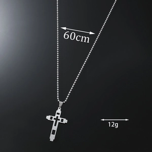 Detailed view of silver hollow cross pendant with 60cm ball chain and technical specs