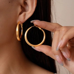 Brushed Metal Hoop Earrings For Women Geometric Circular Design 18K Gold Plated Copper With 925 Sterling Silver Earring Post