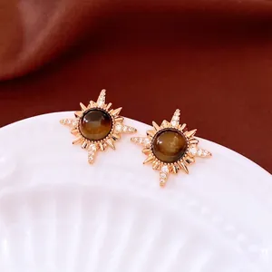 Vintage 18K gold plated tiger eye starburst stud earrings with micro-set zircon