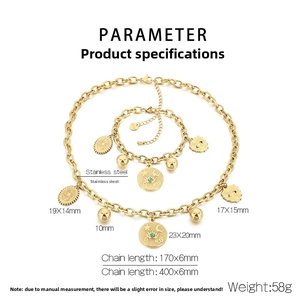 Detailed view of stainless steel jewelry set with measurements and blue stone pendants