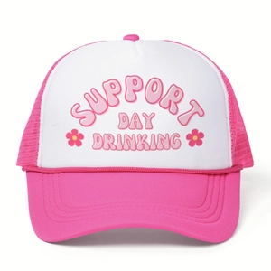 Pink and white trucker hat featuring Support Day Drinking floral print with mesh back