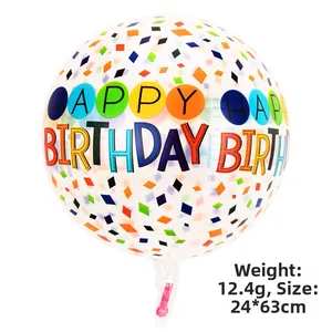 Close-up of a 22-inch clear 4D balloon with Happy Birthday print and colorful confetti