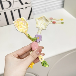Cute ceramic tulip and star shaped dessert spoons with colorful floral patterns