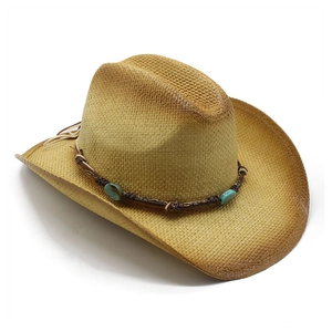 Western straw cowboy hat with turquoise beads and distressed wide brim for outdoor sun protection