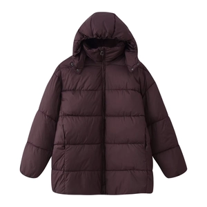 Deep purple quilted winter puffer jacket with hood and glossy finish for women
