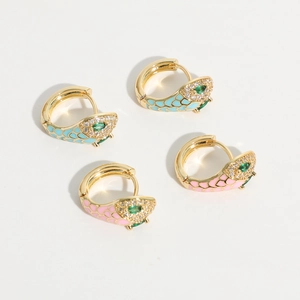 Snake hoop earrings in 14k gold plated brass with colorful enamel and green zircon eyes