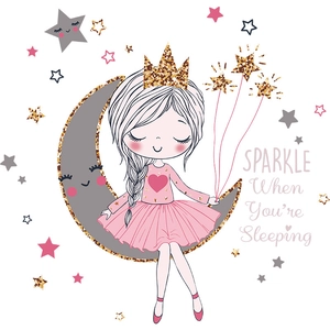 Wandaufkleber Mädchen auf goldenem Mond mit Spruch Sparkle When You Are Sleeping