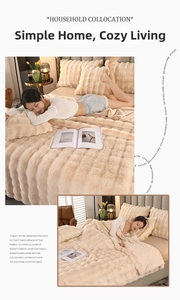 Close-up of warm beige striped faux fur plush blanket with soft brushed texture