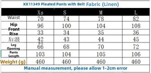 Detaillierte Größentabelle für Leinenhose mit weitem Bein mit Maßen für Taille und Länge