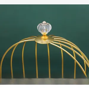 Detailaufnahme eines goldenen Käfig-Regals mit Kristallgriff auf dunkelgrünem Grund