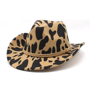Classic cow print thick fabric cowboy hat with rolled brim and braided leather band