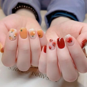 Short Square Press On Nails ABS Plastic Detachable Hand Painted Orange Fruit Cherry Heart Pattern Cute Manicure Women
