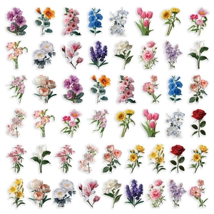 50pcs transparent floral PET stickers set with colorful roses and sunflowers for DIY decor