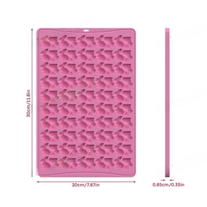 Pink silicone baking mold showing 80 cavities for bunny shapes and dimensions