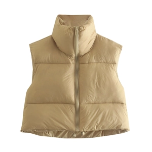 Women's autumn khaki sleeveless puffer vest with stand collar and zipper closure