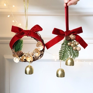 Christmas Wreath Hanging Ornament With Velvet Bow Metal Bell Natural Pine Cone Pine Needle Holiday Door Wall Decor