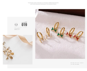 Detailed collage of bow-shaped hoop earrings with green, red, and clear zircon stones