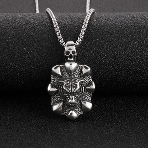 Gothic silver stainless steel necklace featuring a 3D tiger head and skull shield pendant