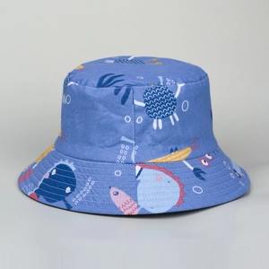 Blue cotton bucket hat with cute ocean life patterns for summer sun protection