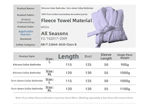 Size chart for white cotton hotel bathrobe with dimensions for kimono and lapel styles