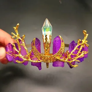 Detailed handmade crown with purple raw crystals, golden branches and moon accent