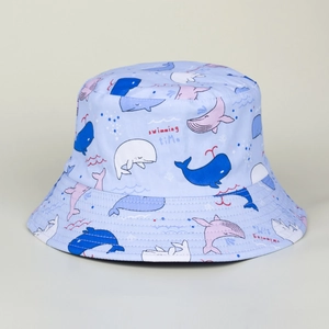 Light blue cotton bucket hat with cute whale prints and swimming time text for kids