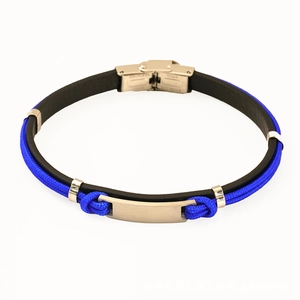Blue and black braided leather bracelet with stainless steel anchor charm on white background