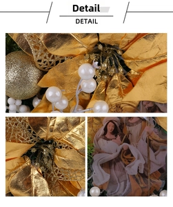 Detail of Christmas wreath featuring golden silk poinsettias and religious imagery