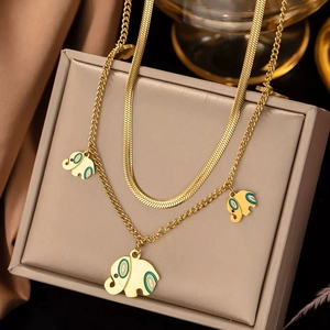 Double-layered gold stainless steel necklace with green enamel elephant pendants