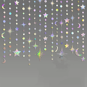Holographic Iridescent Paper Star Moon Dot Hanging Garland Decorations Party Supplies Birthday Wedding Celebration Ornaments