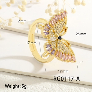 Detailed dimensions of butterfly ring featuring pink and purple micro-set cubic zirconia