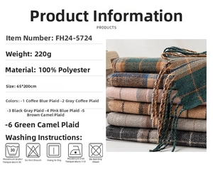 Detail view of 220g tassel plaid scarves showing 100% polyester fabric and six color patterns
