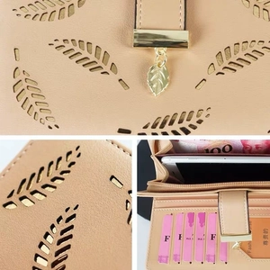 Khaki long PU leather wallet featuring hollow leaf design and multiple card slots