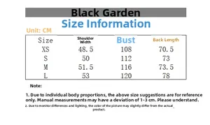 Detailed size chart for black floral print cotton shirt with XS to L measurements