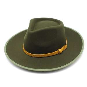 Detail of dark green wool felt fedora with yellow woven band and reinforced brim
