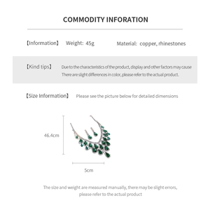 Detailed size specifications and material chart for the teardrop rhinestone jewelry set